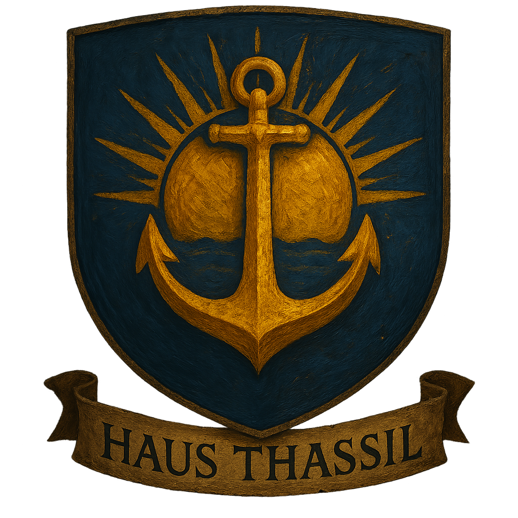 Ein Anker vor aufgehender Sonne, Gold auf Marineblau Haus Thassil