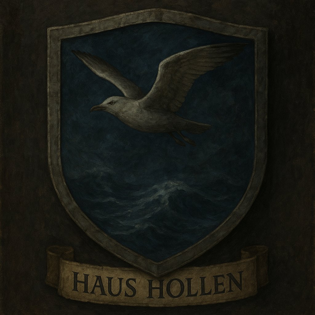 Eine graue Möwe über Sturmblau Haus Hollen