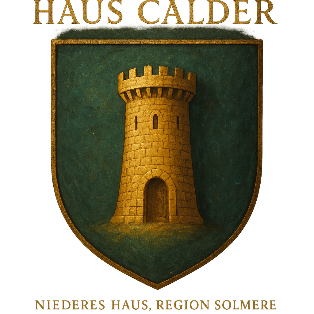 Ein goldener Wehrturm auf grünem Grund Haus Calder