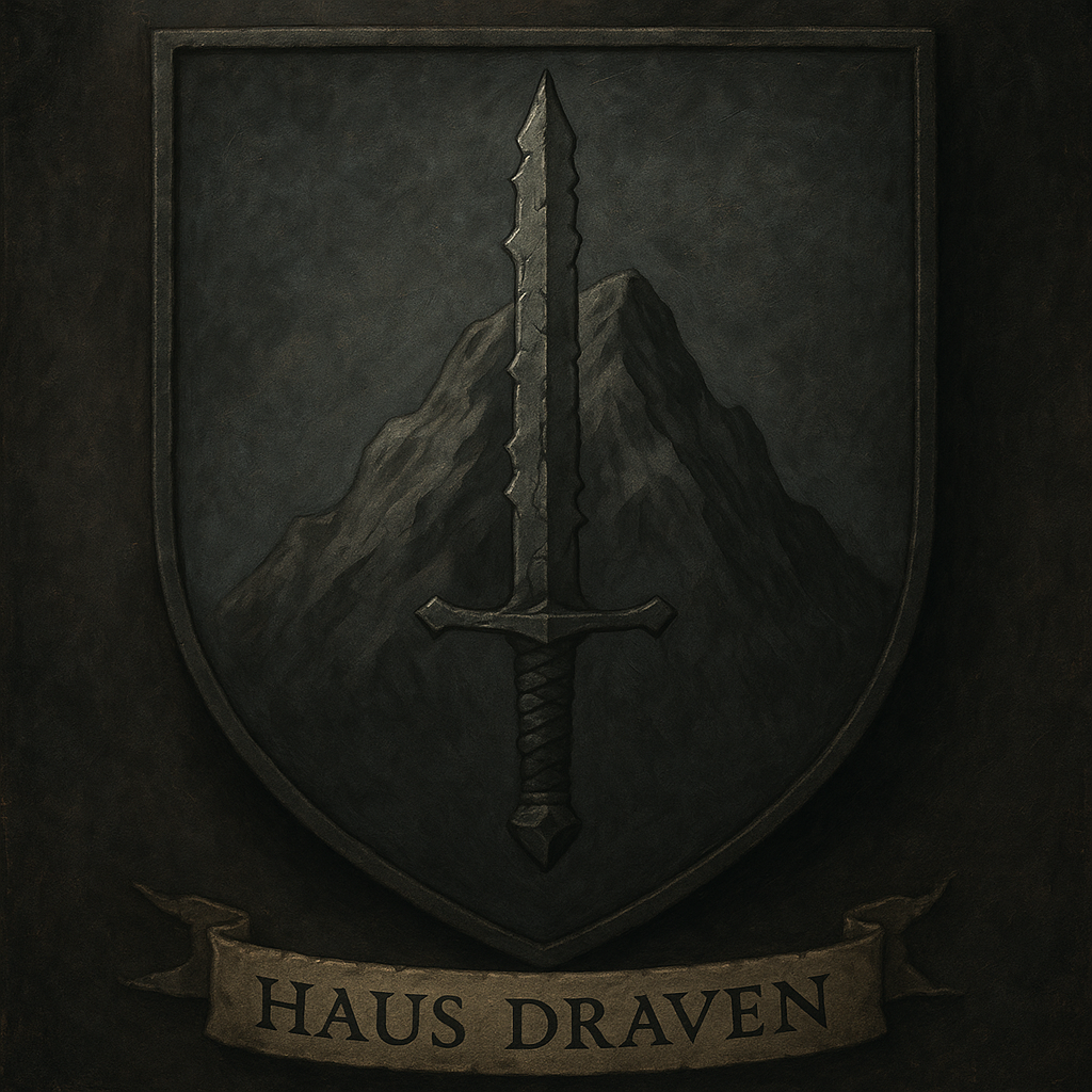 Ein gezacktes Schwert vor grauem Berg Haus Draven