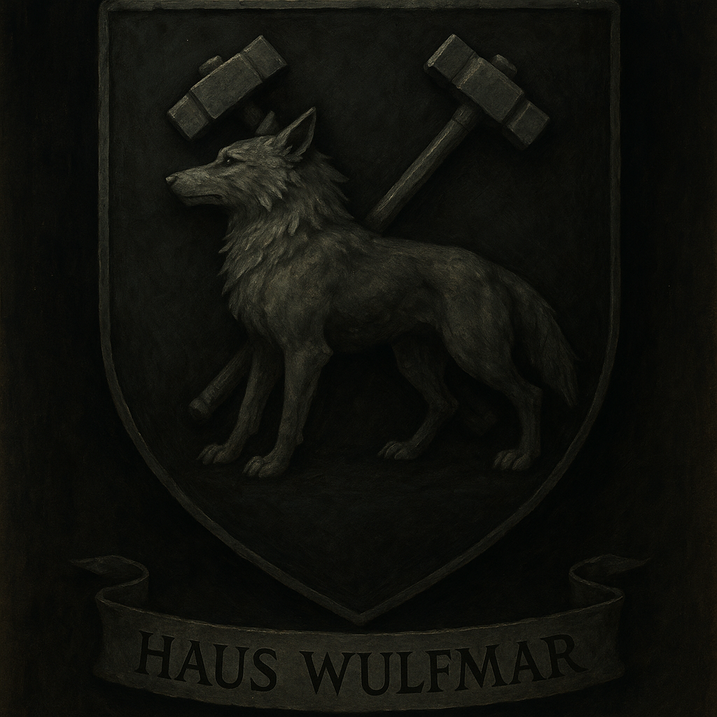 Ein Wolf vor gekreuzten Schmiedehaemmern, Eisengrau auf Schwarz Haus Wulfmar